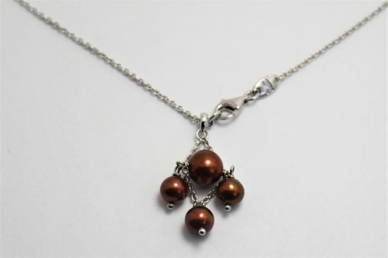 4.91g Sterling Silver 925 Necklace w/ Brown Pearl Stones