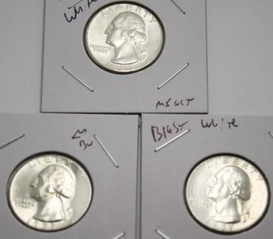 Washington Silver Quarter Lot of 3 gem maybe bu frosty 1957 90% Silver