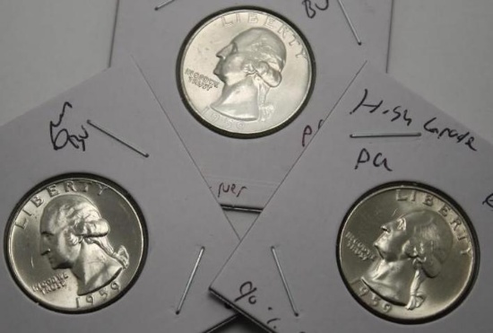 Washington Silver Quarter Lot of 3 gem bu frosty 1959 90% Silver