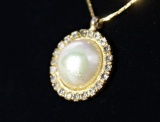 Pearl Fiery Gem Stone Necklace w/ Gold Chain