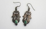 Antique 925 Sterling Silver Matching Pair Earrings Rough Green Gem Stone 6.491g