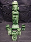 Aztec look Glass Decanter and 5 Matching shot glasses.