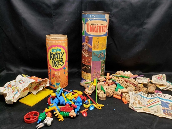 Vintage Creative Tinkertoy set. Missing pieces. Action Krazy ikes missing pieces. Wooden Yo Yo