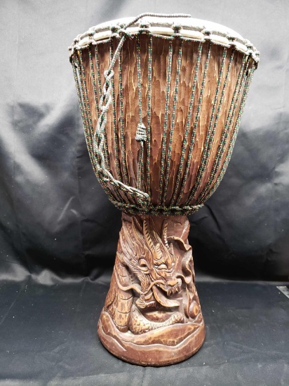 Tribal Bongo Drum with Dragon carved in th base.