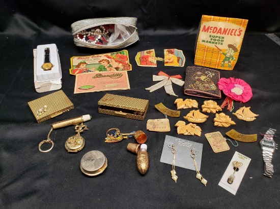 Vintage Needle books. Wooden carved jewelry. Compact and cigarette case. Wallet. And Newer jewelry