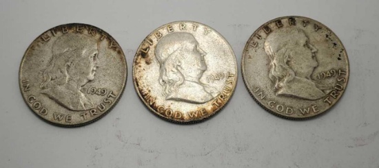 1949 Benjamin Franklin half's 90% 3 coins