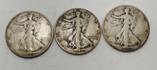 1945 walking liberty half 90% silver 3 coins