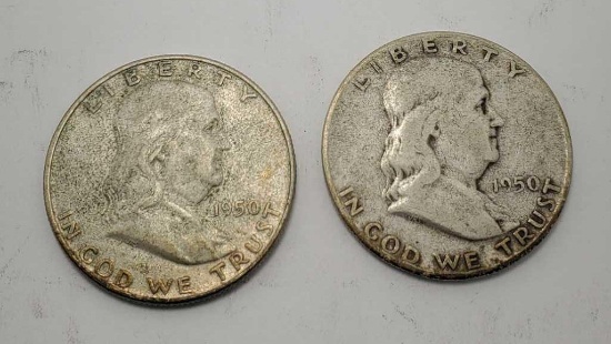 1950 Benjamin Franklin half's 90% silver 2 coins