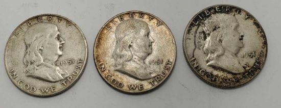 1951 Benjamin Franklin half's 90%silver 3 coins