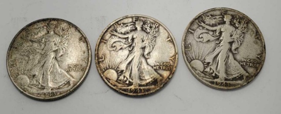 1943 walking liberty silver half 90% silver 3 coins