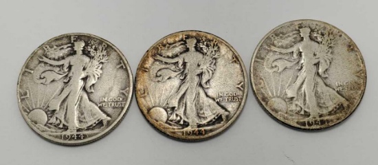 1944 walking liberty silver half 90% 3 coins