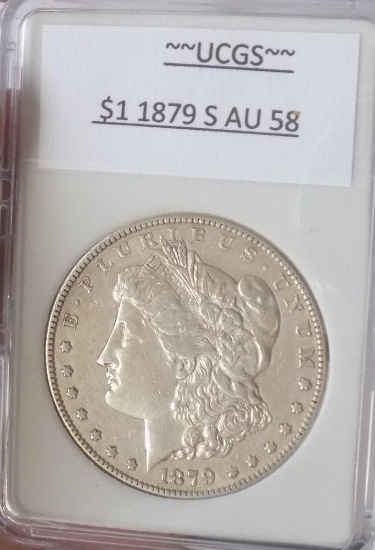 Morgan silver dollar 1879 s au++ nice slabed collector dollar 90% silver