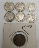 6 Silver dimes & 1909 wheat penny