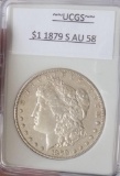 Morgan silver dollar 1879 s au++ nice slabed collector dollar 90% silver