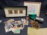 Mixed lot of Hockey cards. Ink pads and Olive wood stamps. Trophies