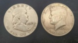 Kennedy half and ben Franklin silver half lot 90% silver nice coins 64 and 49s key