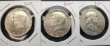 Kennedy and ben franklin half lot 3 coins all 90 % silver uncs frosty luster 1.5 face value