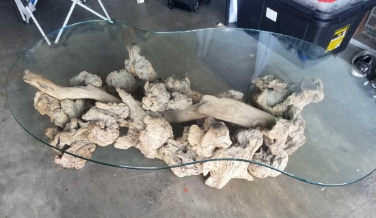 1970s Burl Driftwood Table Glass Top