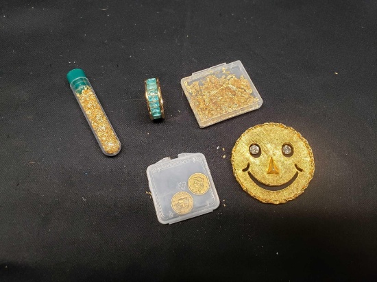 Fools gold and Beautiful ring and cute Smile pin. Mini coins