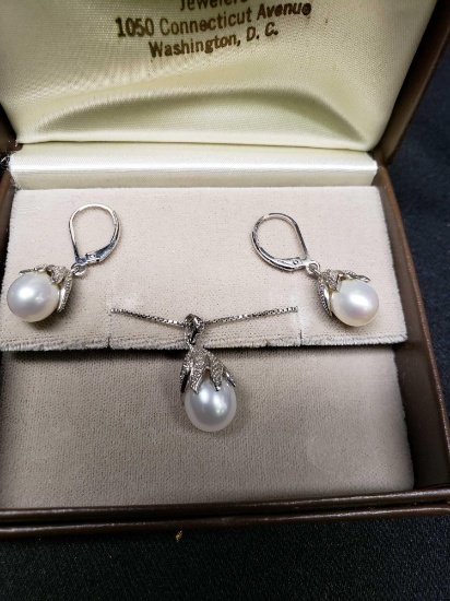 Silver Pearl and Diamond Necklace and Earrings set. Says 925