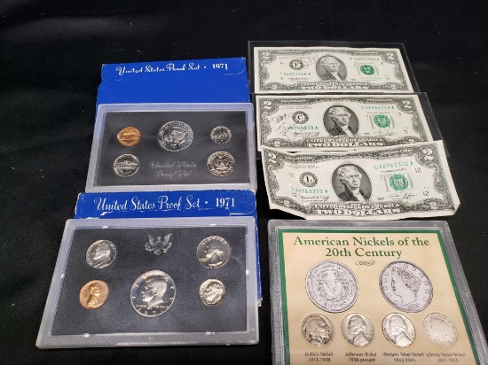 1971 US Proof sets. American Nickels of the 20th century. 2 Two dolla Bills