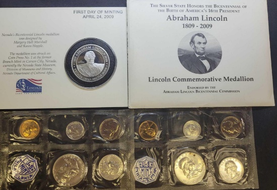 Abraham Lincoln commemorative Medallion and 2 US Mint coin set