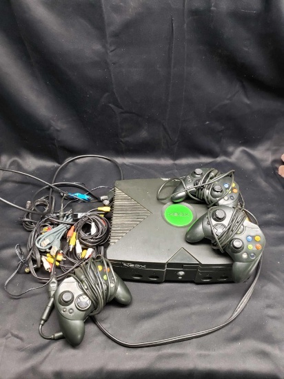 X Box with Three controllers. No power cord. Halo2 game