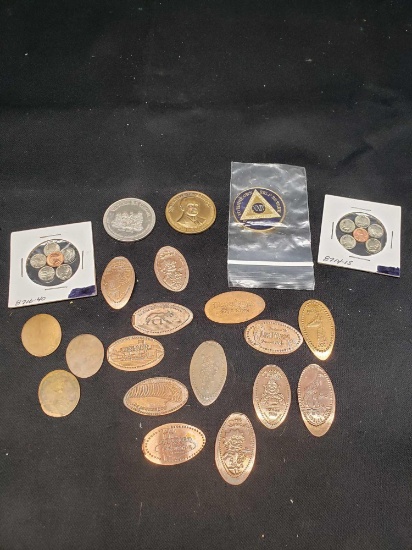 Small coins and Tokens. Imprinted pennies