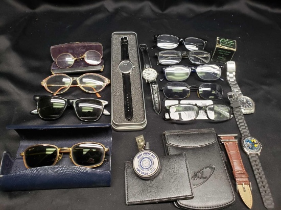 Lot of Glasses Ray Ban Sunglasses. Batman watch. Casio watch and more