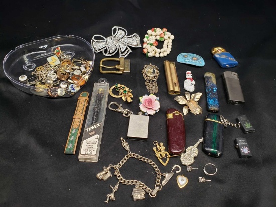 Misc Vintage lot. Lighters watch bands. Pins earrings and more.