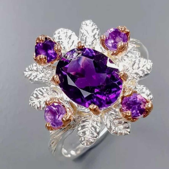 Amethyst ring designer new set in sterling silver 4++cts purple fire nice