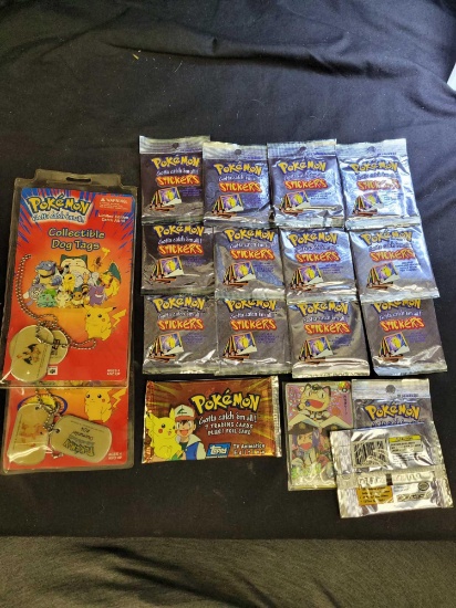 Pokemon lot sticker packs, Topps pack, Dog tags