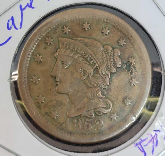 Large cent 1852 mint error rear AU++ full liberty high end rarity very old collector coin