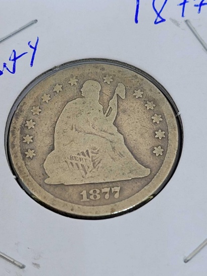 1877 seated liberty quarter very old type coin highly sought after beauty vf++90%
