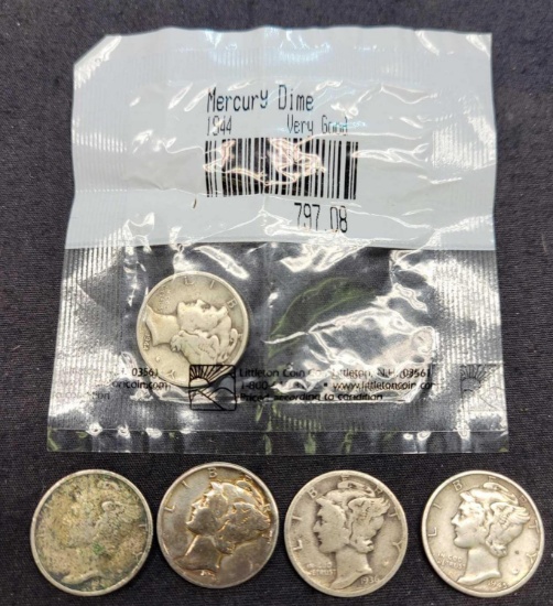 Mercury dimes 5 coins 1936-1945 5 coins
