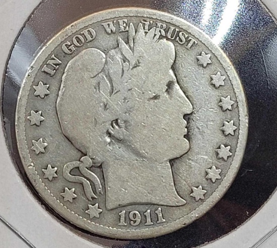 Barber silver half dollar 1911 nice vf+ beauty