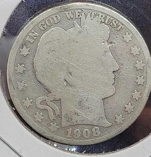 Barber silver half dollar 1908 o better date beauty nice coin