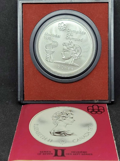 Canada silver 5 dollar 1974 olympiade in original set with papers .72 troy oz silver
