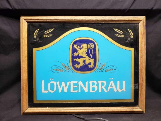 Lowenbrau glass bar sign in frame. Plugged in not working
