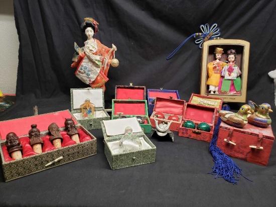 Asian lot. Iron balls, Unique glass painted bottles. Carved corks
