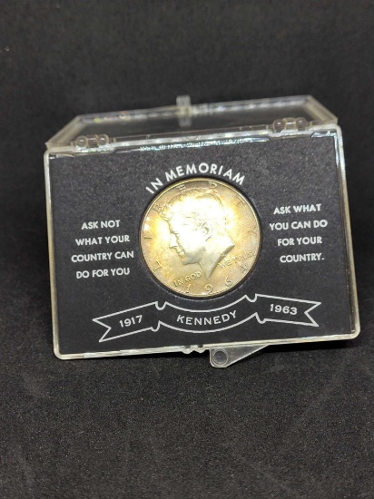 Kenendy silver half 1964 gem bu rainbow in collector case nice coin very pertty