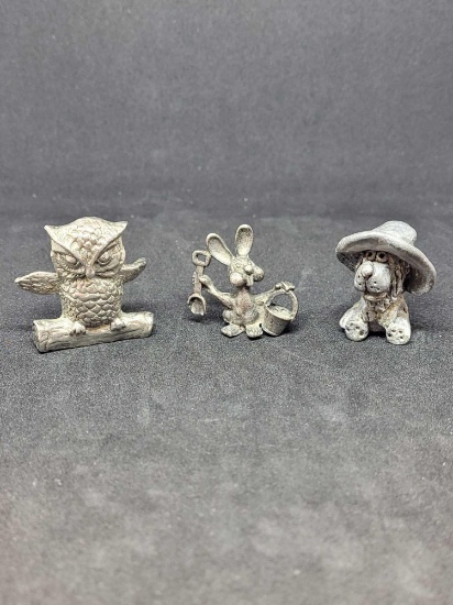 Antique pewter figures bunny, dog and owl very old