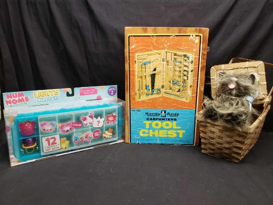 1972 Handy Andy Carpenters Tool Chest. Num Nows lights mega pack. Wizard of Oz Toto dog in basket