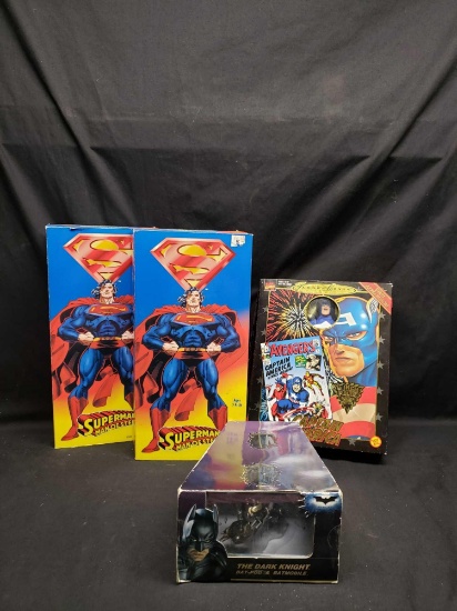 Action Figures Superman, Captain America and The Dark Knight Bat pod and Batmobile