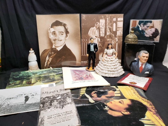 Gone with the Wind Memorabilia. Rhett and Scarlett Figurines, Photos, Bags, Bells