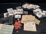War ration books and stamps from the 40s. Photos of Long Beach Ca. And personal photos. And patch