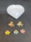 Heart shaped stone paper weight and fish & butterfly pins