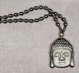 Obsidian Hand Carved Lucky Buddha Amulet Pendant & Bead Necklace Natural Black