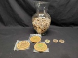 Jar of Wooden and Silver Nickels and One Spruce Dollars
