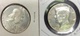 Benjamin Franklin and john Kennedy half set 1963 & 1967 proof silver coins bu++90%